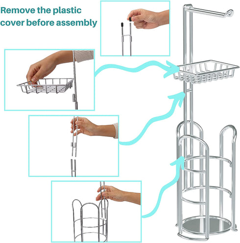 Toilet Paper Holder Stand with Reserve and Dispenser for 4 Mega Rolls, Bathroom Freestanding Toilet Tissue Paper Roll Storage with Cell Phone Shelf, Chrome