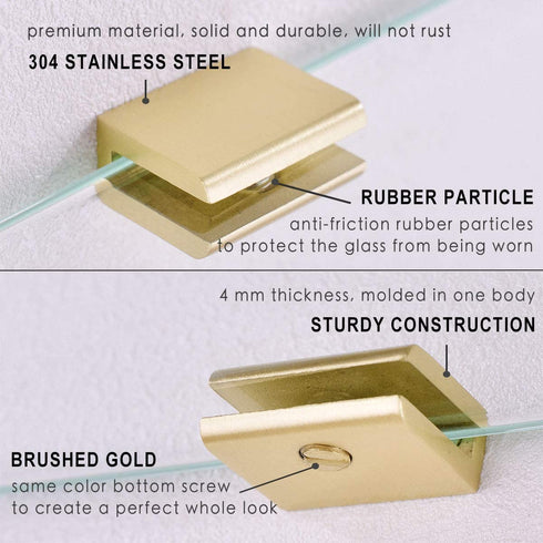 Orhemus 2pcs Adjustable 304 Stainless Steel Glass Clamp Clip Shelf Brackets Holder Support 0.23"-0.35", Brushed Gold Finished Heavy Duty