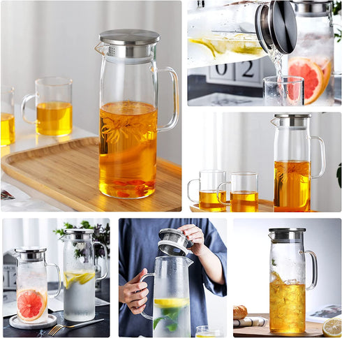 Glass Pitcher with Stainless Steel Lid, ANZUSY 48 Ounces/1.4 Litre Water Carafe with Handle Coffee Glass Jug for Iced Tea, Hot/Cold Water, Coffee, Juice, Milk, Lemonade & Cold Brew
