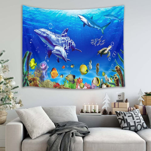 HVEST Marine Life Wall Tapestry Dolphin Shark Turtle and Fish Under Blue Sea Wall Hanging Ocean Tapestries for Kids Bedroom Living Room Dorm Wall Decor Birthday Party Background,80Wx60H inches