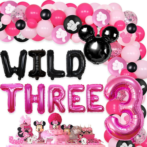 Cartoon Mouse 3rd Birthday Decorations Party Supplies for 3 Years Old Girls Balloon Garland Arch Kit with Wild Three Cartoon Mouse Theme Number 3 Balloon