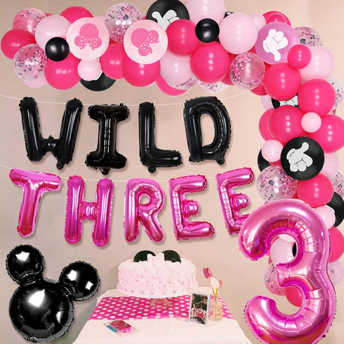 Cartoon Mouse 3rd Birthday Decorations Party Supplies for 3 Years Old Girls Balloon Garland Arch Kit with Wild Three Cartoon Mouse Theme Number 3 Balloon