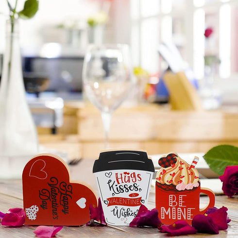 3 Pcs Valentine's Day Table Wooden Sign Coffee Mug Shaped Tabletop Decor Romantic Love Be Mine Decorative Table Centerpiece Signs Valentine's Day Tiered Tray Home Decor (Lovely Style)