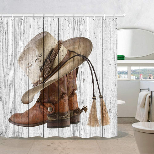 NYMB Western Cowboy Boots Fabric Shower Curtain with Hooks, 3D Digital Printing American Country Farm House Rustic Grey Wooden Barn Door Polyester Bath Curtain, Fabric Bathroom Set Decor, 69X70in