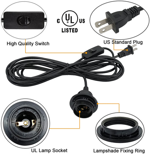 Plug in Hanging Light Kit, Industrial Pendant Lighting Fixture, E26 E27 Retro Hanging Lights with Plug in Cord, 14.76 FT Cord with On/Off Switch Hanging Lamp Fixture for Living Room Bedroom
