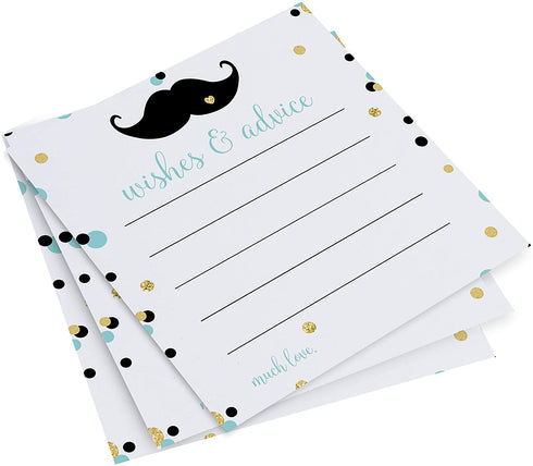 Mustache Advice and Wishes Cards Pack of 25 Use for Boys Baby Shower Activity Gender Reveal Kids Birthday Little Man Event Supply Mint Black Gold (4x4 Size) Paper Clever Party