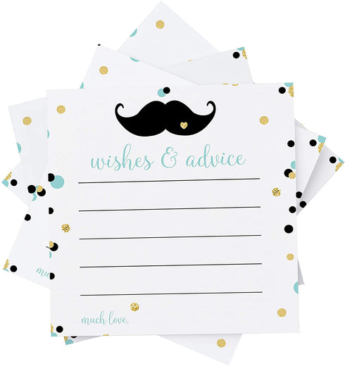 Mustache Advice and Wishes Cards Pack of 25 Use for Boys Baby Shower Activity Gender Reveal Kids Birthday Little Man Event Supply Mint Black Gold (4x4 Size) Paper Clever Party