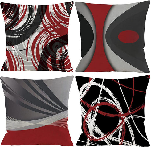 EZVING Set of 4 Throw Pillow Covers Modern Abstract Red Stripes Gray Black White Acrylic Bold Grey Decorative Pillow Cases Home Decor Square 18x18 Inches Pillowcases