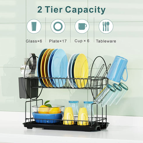 Dish Drying Rack, GSlife Rust-Resistant Small 2 Tier Dish Rack with Drainboard Set, Dish Drainer with Utensil Holder & Cup Holder for Kitchen Counter, Black