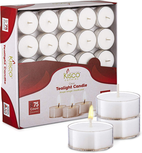 Kisco Genuine Tea Light Candles in Clear Holder Cups Bulk 75 Set. Long Burning 4.5 Hour Unscented, for Mood, Dinners, Parities, Home, Decoration, Wedding, Crafts