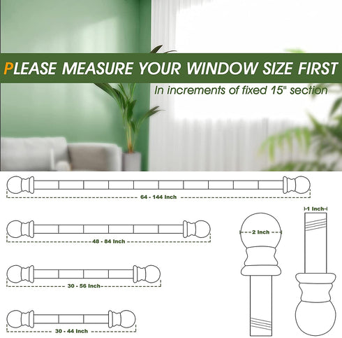 Curtain Rods for windows,1" Diameter Curtain Rod, 30-57" Standard Decorative Window Curtain Rod Set with Brackets for bathroom Kitchen Bedroom Window, Black