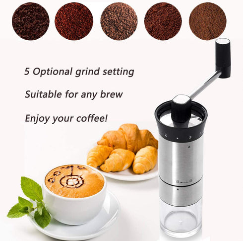 LHS Manual Coffee Grinder Stainless Steel Portable Hand Crank Coffee Mill Grinder Ceramic Conical Burr with Adjustable Coarseness for Home, Office or Traveling