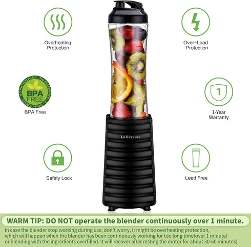 La Reveuse Smoothies Blender 300 Watt with 18 oz BPA Free Portable Travel Sports Bottle (Black)