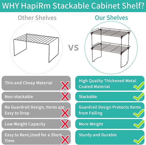 HapiRm Stackable Cabinet Shelf Kitchen Cabinet Organizers and Storage,Kitchen Pantry Shelves Organizer,Safety guardrail Kitchen Counter Bedroom Bathroom Accessories,Stainless Steel,2 Pack,Bronze