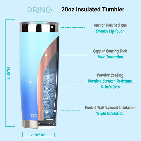 DRINCO - 20 oz Stainless Steel Tumbler | Double Walled Vacuum Insulated Mug With Lid, 2 Straws, For Hot & Cold Drinks (20oz, 20oz Morning Sky Blue)