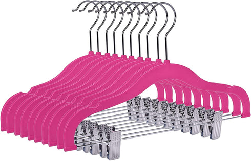 Quality Kids Children's Plastic Non Velvet Non-Flocked Thin Compact Skirt Pant Coat Hangers with Metal Clips for Skirts Pants Blouses 360° Swivel Hook, Jacket, Shirt, Legging, Suit Hangers (Pink, 10)