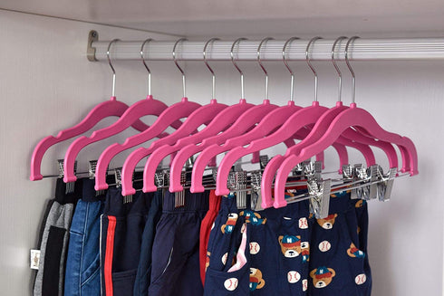 Quality Kids Children's Plastic Non Velvet Non-Flocked Thin Compact Skirt Pant Coat Hangers with Metal Clips for Skirts Pants Blouses 360° Swivel Hook, Jacket, Shirt, Legging, Suit Hangers (Pink, 10)