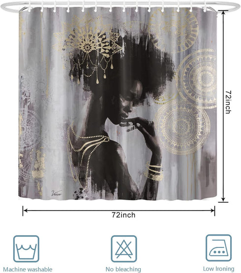 OuElegent African Woman Shower Curtain Black Girl with Mandala Pattern Decorations Bath Curtain Waterproof Fabric Bathroom Decor with Hooks 72x72 Inches Grey