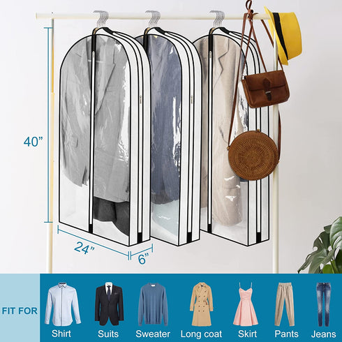 BiCINE 40" Garment Bags for Hanging Clothes 6" Gusset, Clear Suit Bags for Closet Storage Travel with 2 Zippers, Breathable Clothes Garment Cover for Coats Sweaters Shirts Dress (White, 3 Pack)