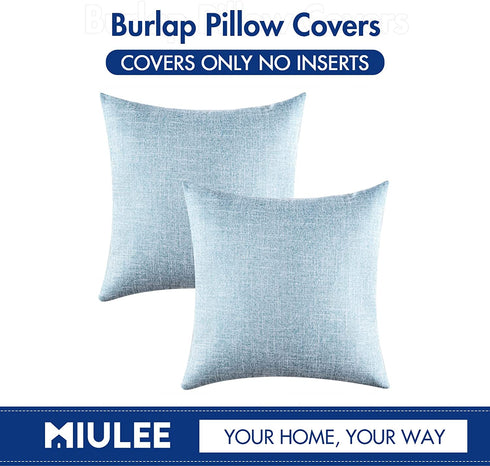 MIULEE Pack of 2 Spring Decorative Throw Pillow Covers Linen Burlap Square Solid Farmhouse Modern Concise Throw Cushion Case Pillowcase for Sofa Car Couch 20x20 Inch 50x50 cm Light Blue