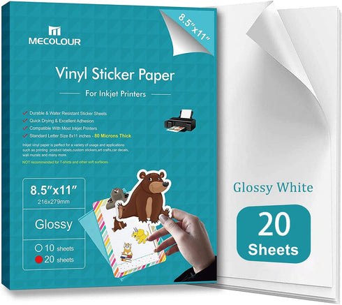 MECOLOUR Premium Printable Vinyl Sticker Paper for Cricut Glossy White 20 Sheets Waterproof, Dries Quickly Vivid Colors- Tear Resistant - for Any Inkjet & Laser Printer