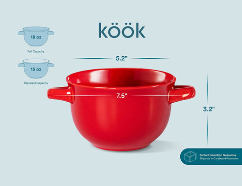 Kook French Onion Soup Crocks with Handles, Ceramic Bowls, for Rice, Dessert, Pasta, Dishwasher, Microwave, Oven & Broil Safe, Set of 4, 18 oz, (Red)