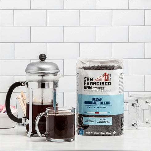 SAN FRANCISCO BAY SF Coffee Whole Bean 2LB Medium Roast Swiss Water Processed Decaffeinated, Decaf Gourmet Blend, 2 Pound (Pack of 1), 32 Ounce, Decaf Gourmet Blend WB