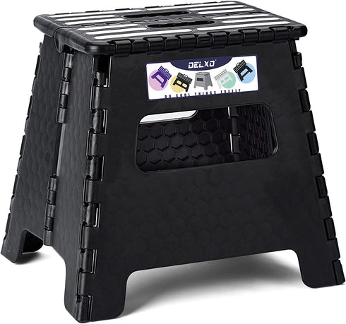 Delxo Step Stools for Adults and Kids,Extra-Strong 13 Inch Folding Step Stool Anti-Skid Plastic Stepping Stool,Upgraed Foldable Step Stool for Kitchen,300lbs Capacity (Black)