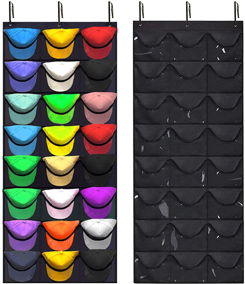 KHIKILY Baseball Hat Rack 24 Pocket Over-The-Door Cap Organizer with Clear Deep Pockets