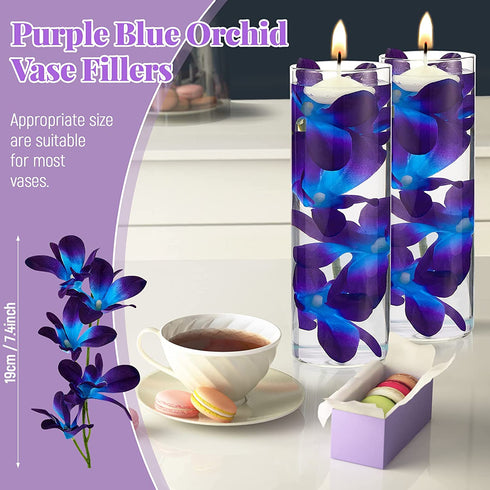 Blue Purple Faux Flowers Blue Orchid Flower Vase Fillers Faux Purple Orchid Wedding Table Centerpieces Filling for Floating Candles Wedding Birthday Party Table Decorations (16 Pieces)