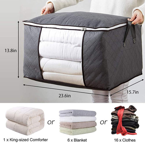 SGHUO Foldable Comforter Storage Bag, 4 Pack Large Organizers for Blankets, Pillow, Quilts, Linen, Storage Containers with Thick Fabric, Sturdy Zipper, Reinforced Handles, Clear Window, Grey, 90L