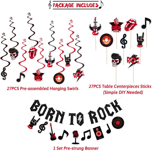 Rock and Roll Party Decorations Set Born to Rock Glitter Banner Rock and Roll Hanging Swirls Rock Star Centerpiece Sticks 1950's Rock and Roll Party Decorations Music Theme Baby 1st Birthday Party Supplies 50s 60s Rock Party Favors Record Wall Decor