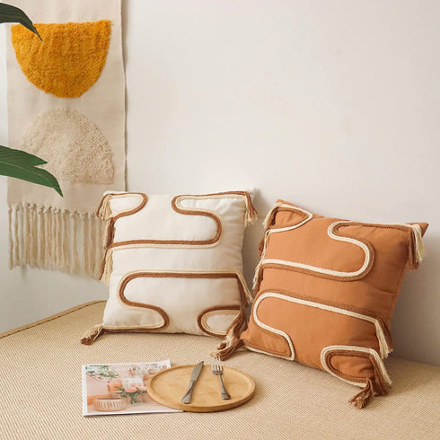 Jonhier Bohemian Throw Pillow Covers, Mid Century Simplicity Square Pillow Case with Fringes, Neutral Textured Cushion Cases, Boho Farmhouse D©cor for Living Room and Bedroom (18'' x 18'', White)
