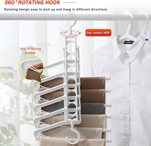 AIR&TREE 2 Pack Pants Hangers Space Saving,Anti-Rust Plastic Hangers,Durable and Sturdy Hangers for Pants Scarf Jeans Slack Trousers Ties Towels,Multiple Pants Hangers 6 in 1 (White)