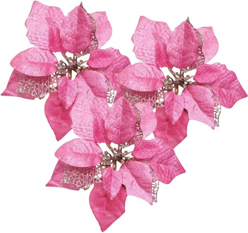 Festivous Wishel Pack of 12 Glitter Artificial Wedding Christmas Flowers Glitter Poinsettia Christmas Tree Ornaments (Pink)