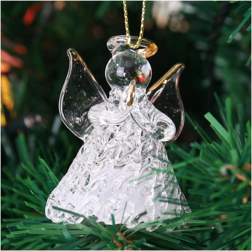 Set of 12 Spun Glass Angel Christmas Ornaments with LED Lights for Christmas Tree Decorations