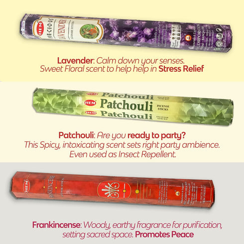 Hem Premium Incense & Incense Holders Set - (120 Incense Sticks, 6 Scents + Free Holder) | Lavender Incense, Dragons Blood, First Rain, Patchouli Incense, Frankincense Incense & White Sage Incense