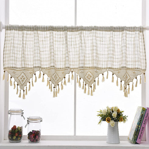 ZHH Retro Lattice Window Valance Handmade Crochet with Tassel Cafe Curtain for Window Bedroom Livingroom Dorm Decor, Beige (H 15 inch W 60 inch)