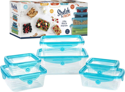STRETCH and FRESH by Emson Silicone Food Storage Containers Airtight Lids for Solid Food and Leak-Proof for Soups and Sauces, Freezer-Safe BPA-Free Stackable Meal Prep Container As Seen On TV (12)