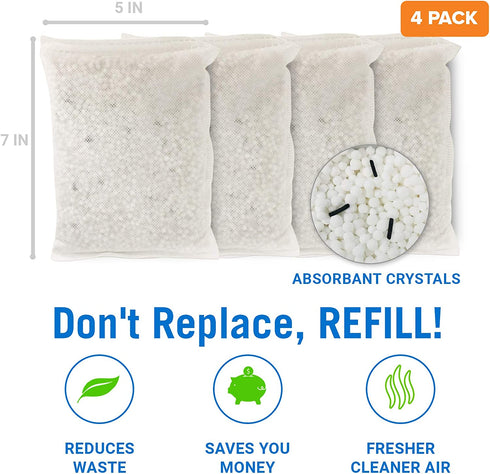 4 Pack Moisture Absorbers Dehumidifier Refill Bag to Get Rid of Odors & Damp Air | Pellet Packs for use in Refillable Bucket for Basement Closet Home RV and Boating Refills Unscented Fragrance Free