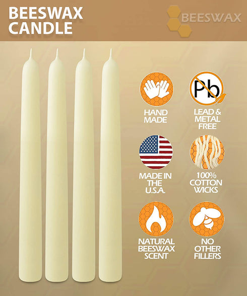 Hyoola 8" Beeswax Taper Candles - 8 Hour Burn Time - White Beeswax Candles - 4 Pack
