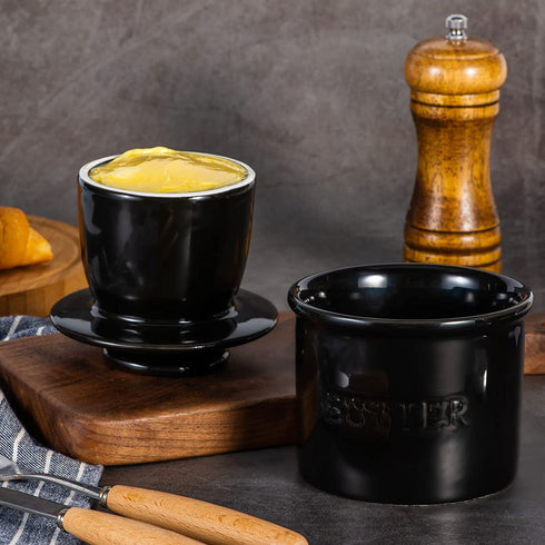 Warome Butter Holder, French Butter Crock for Counter, Farmhouse Butter Keeper With Water Line French Butter Dish with Lid, Perfect Spreadable Consistency(Black)