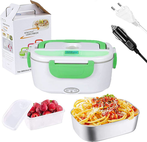 electric lunch box for car and home,heated lunch boxes for adults, lunch warmer portable 12V/24V/110V,portable thermos with Spoon and Two Compartments (Green)
