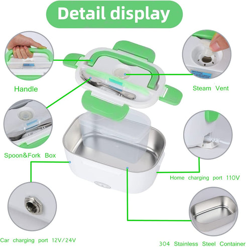 electric lunch box for car and home,heated lunch boxes for adults, lunch warmer portable 12V/24V/110V,portable thermos with Spoon and Two Compartments (Green)