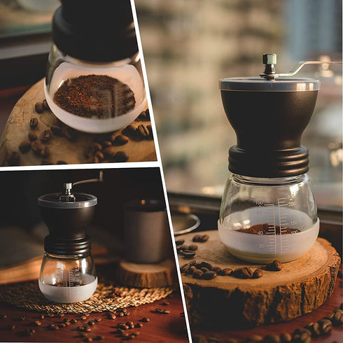 JARNAR Manual Coffee Bean Grinder ,Ceramic Burr ,Stainless Steel Handle with 1 Translucent Bottom Glass with Graduations Jars ?Hand Coffee Mill for Home Office and Travelling