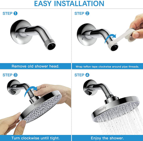 Rainfall Shower Head, 6" Fixed Rain Shower Heads High Pressure with Shower Arm, High Pressure Rain Shower Head 360° Adjustable Angles, Anti-Clogging Silicone Nozzles, 1.8 GPM (Chrome)