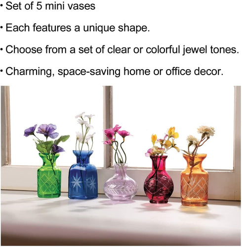 ART & ARTIFACT Flower Vases Set of 5 Small Glass Vases for Flowers, Jeweltone or Clear Glass Bud Vases - Jeweltones