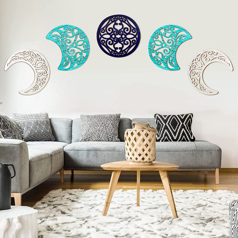 5 Pieces Moon Phase Wall Decor Boho Wood Moon Appearance Wall Art Decorations Hanging Nordic Bohemian Moon Interior for Living Room Bedroom Apartment Home