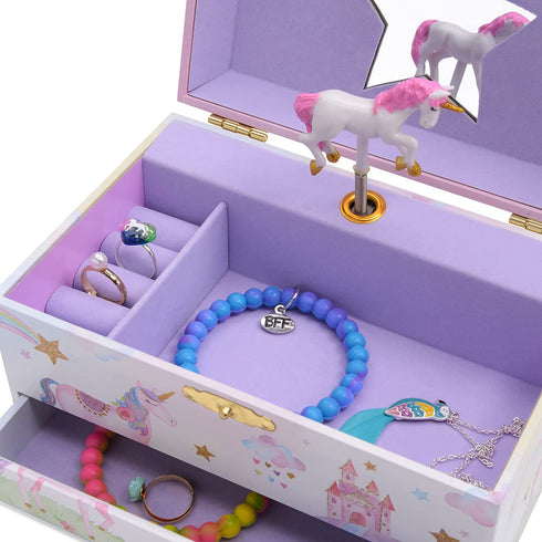 Jewelkeeper Girl's Musical Jewelry Storage Box with Pullout Drawer, Glitter Rainbow and Stars Unicorn Design, The Unicorn Tune