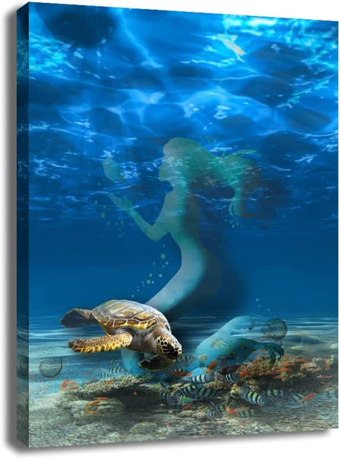 Mermaid Bathroom Decor Canvas Wall Art Bedroom Modern Artwork Mermaid Decor Girls Room Canvas Art Wall Decor Frame Home Decor Aesthetics 12" X 16"